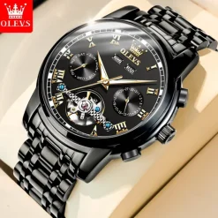 OLEVS TOP Brand Automatic Mechanical Watches Men Luxury Skeleton Flywheel Stainless Steel Waterproof Business Wristwatch 6607