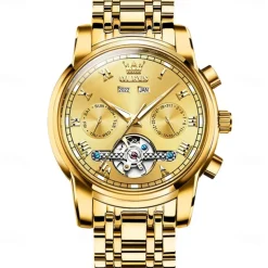 OLEVS TOP Brand Automatic Mechanical Watches Men Luxury Skeleton Flywheel Stainless Steel Waterproof Business Wristwatch 6607