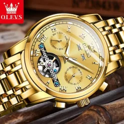 OLEVS TOP Brand Automatic Mechanical Watches Men Luxury Skeleton Flywheel Stainless Steel Waterproof Business Wristwatch 6607