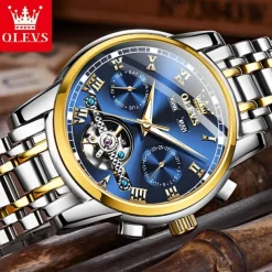 OLEVS TOP Brand Automatic Mechanical Watches Men Luxury Skeleton Flywheel Stainless Steel Waterproof Business Wristwatch 6607