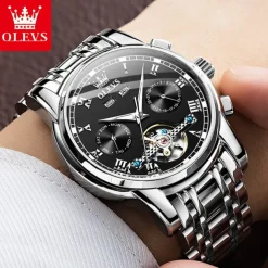 OLEVS TOP Brand Automatic Mechanical Watches Men Luxury Skeleton Flywheel Stainless Steel Waterproof Business Wristwatch 6607