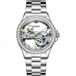 OLEVS Women Mechanical Watch Fashion Rhinestone Business Wristwatch Hollow Skeleton Waterproof Alloy Genuine Leather Watch