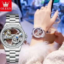 OLEVS Women Mechanical Watch Fashion Rhinestone Business Wristwatch Hollow Skeleton Waterproof Alloy Genuine Leather Watch