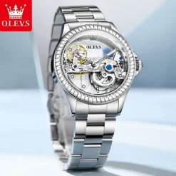 OLEVS Women Mechanical Watch Fashion Rhinestone Business Wristwatch Hollow Skeleton Waterproof Alloy Genuine Leather Watch