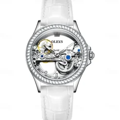 OLEVS Women Mechanical Watch Fashion Rhinestone Business Wristwatch Hollow Skeleton Waterproof Alloy Genuine Leather Watch