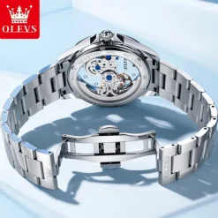 OLEVS Women Mechanical Watch Fashion Rhinestone Business Wristwatch Hollow Skeleton Waterproof Alloy Genuine Leather Watch