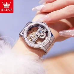OLEVS Women Mechanical Watch Fashion Rhinestone Business Wristwatch Hollow Skeleton Waterproof Alloy Genuine Leather Watch
