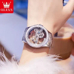 OLEVS Women Mechanical Watch Fashion Rhinestone Business Wristwatch Hollow Skeleton Waterproof Alloy Genuine Leather Watch