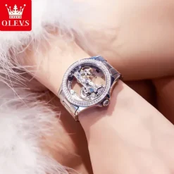 OLEVS Women Mechanical Watch Fashion Rhinestone Business Wristwatch Hollow Skeleton Waterproof Alloy Genuine Leather Watch