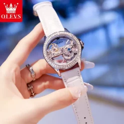 OLEVS Women Mechanical Watch Fashion Rhinestone Business Wristwatch Hollow Skeleton Waterproof Alloy Genuine Leather Watch