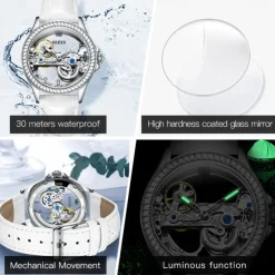 OLEVS Women Mechanical Watch Fashion Rhinestone Business Wristwatch Hollow Skeleton Waterproof Alloy Genuine Leather Watch
