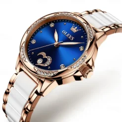 OLEVS Women Mechanical Watch Creative Minimalist Fashion Casual Analog Wristwatch Automatic Self-winding Luminous Calendar Waterproof Ceramic Watch for Women Gift Women Watches