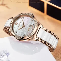 OLEVS Women Mechanical Watch Creative Minimalist Fashion Casual Analog Wristwatch Automatic Self-winding Luminous Calendar Waterproof Ceramic Watch for Women Gift Women Watches