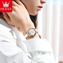 OLEVS Women Mechanical Watch Creative Minimalist Fashion Casual Analog Wristwatch Automatic Self-winding Luminous Calendar Waterproof Ceramic Watch for Women Gift Women Watches