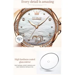 OLEVS Women Mechanical Watch Creative Minimalist Fashion Casual Analog Wristwatch Automatic Self-winding Luminous Calendar Waterproof Ceramic Watch for Women Gift Women Watches