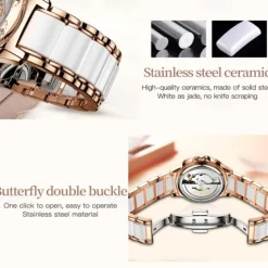 OLEVS Women Mechanical Watch Creative Minimalist Fashion Casual Analog Wristwatch Automatic Self-winding Luminous Calendar Waterproof Ceramic Watch for Women Gift Women Watches