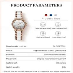 OLEVS Women Mechanical Watch Creative Minimalist Fashion Casual Analog Wristwatch Automatic Self-winding Luminous Calendar Waterproof Ceramic Watch for Women Gift Women Watches