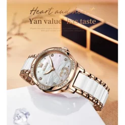 OLEVS Women Mechanical Watch Creative Minimalist Fashion Casual Analog Wristwatch Automatic Self-winding Luminous Calendar Waterproof Ceramic Watch for Women Gift Women Watches