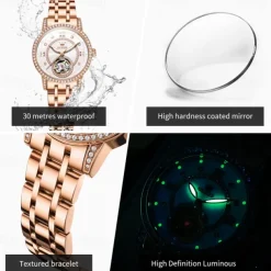 OLEVS Women Mechanical Watch Fashion Casual Wristwatch Automatic Self-winding Luminous Waterproof Decoration Alloy Watch