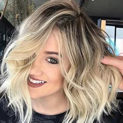 Ombre Blonde Bob Wig Inkach Short Wavy Curly Full Hair Wigs Heat Resistant Synthetic Fiber Cosplay Party Hairpiece for African Women (Gold)