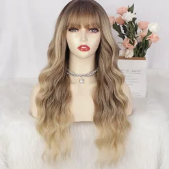 Ombre Blonde Wig with Bangs Long Blonde Wavy Wigs for Women Synthetic Curly Wavy Wigs with Dark Root Middle Part Heat Resistant Wig for Daily Party Wear Halloween Wigs