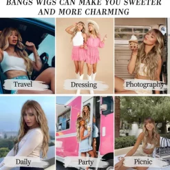 Ombre Blonde Wig with Bangs Long Blonde Wavy Wigs for Women Synthetic Curly Wavy Wigs with Dark Root Middle Part Heat Resistant Wig for Daily Party Wear Halloween Wigs