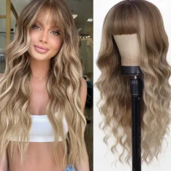 Ombre Blonde Wig with Bangs Long Blonde Wavy Wigs for Women Synthetic Curly Wavy Wigs with Dark Root Middle Part Heat Resistant Wig for Daily Party Wear Halloween Wigs