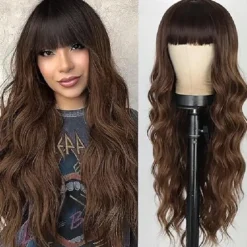 Ombre Blonde Wig with Bangs Long Blonde Wavy Wigs for Women Synthetic Curly Wavy Wigs with Dark Root Middle Part Heat Resistant Wig for Daily Party Wear Halloween Wigs