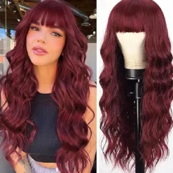 Ombre Blonde Wig with Bangs Long Blonde Wavy Wigs for Women Synthetic Curly Wavy Wigs with Dark Root Middle Part Heat Resistant Wig for Daily Party Wear Halloween Wigs