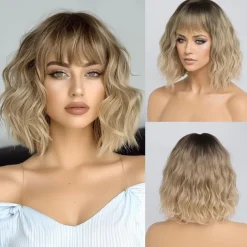 Ombre Blonde Wigs for Women Short Wavy Wig with Bangs Ash Blonde Bob Wig with Dark Roots Medium Length Natural Synthetic Hair for Daily Party&amp Cosplay Halloween Wigs