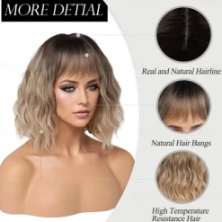 Ombre Blonde Wigs for Women Short Wavy Wig with Bangs Ash Blonde Bob Wig with Dark Roots Medium Length Natural Synthetic Hair for Daily Party& Cosplay Halloween Wigs