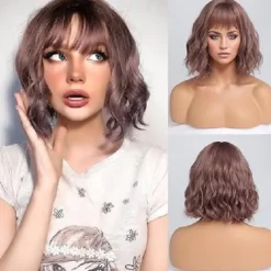 Ombre Blonde Wigs for Women Short Wavy Wig with Bangs Ash Blonde Bob Wig with Dark Roots Medium Length Natural Synthetic Hair for Daily Party& Cosplay Halloween Wigs