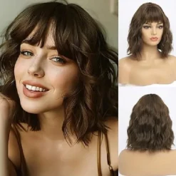 Ombre Blonde Wigs for Women Short Wavy Wig with Bangs Ash Blonde Bob Wig with Dark Roots Medium Length Natural Synthetic Hair for Daily Party& Cosplay Halloween Wigs