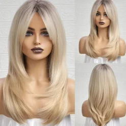Ombre Blonde Wigs with BangsShoulder Length Ash Blonde Wig for Women Layered Wigs Dark Roots Synthetic Wigs for Daily Party 24IN Halloween Wigs
