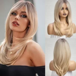Ombre Blonde Wigs with BangsShoulder Length Ash Blonde Wig for Women Layered Wigs Dark Roots Synthetic Wigs for Daily Party 24IN Halloween Wigs