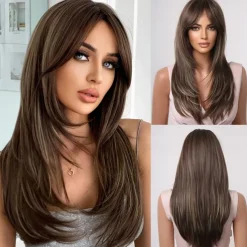 Ombre Blonde Wigs with BangsShoulder Length Ash Blonde Wig for Women Layered Wigs Dark Roots Synthetic Wigs for Daily Party 24IN Halloween Wigs