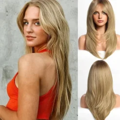 Ombre Blonde Wigs with BangsShoulder Length Ash Blonde Wig for Women Layered Wigs Dark Roots Synthetic Wigs for Daily Party 24IN Halloween Wigs
