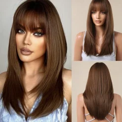 Ombre Blonde Wigs with BangsShoulder Length Ash Blonde Wig for Women Layered Wigs Dark Roots Synthetic Wigs for Daily Party 24IN Halloween Wigs