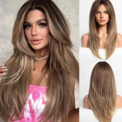 Ombre Blonde Wigs with BangsShoulder Length Ash Blonde Wig for Women Layered Wigs Dark Roots Synthetic Wigs for Daily Party 24IN Halloween Wigs