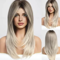 Ombre Blonde Wigs with BangsShoulder Length Ash Blonde Wig for Women Layered Wigs Dark Roots Synthetic Wigs for Daily Party 24IN Halloween Wigs