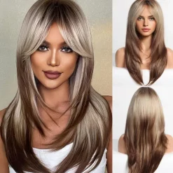 Ombre Blonde Wigs with BangsShoulder Length Ash Blonde Wig for Women Layered Wigs Dark Roots Synthetic Wigs for Daily Party 24IN Halloween Wigs