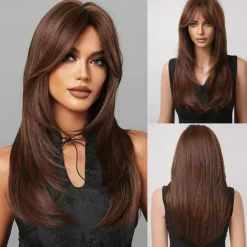 Ombre Blonde Wigs with BangsShoulder Length Ash Blonde Wig for Women Layered Wigs Dark Roots Synthetic Wigs for Daily Party 24IN Halloween Wigs