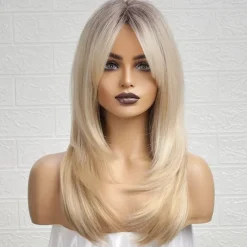 Ombre Blonde Wigs with BangsShoulder Length Ash Blonde Wig for Women Layered Wigs Dark Roots Synthetic Wigs for Daily Party 24IN Halloween Wigs