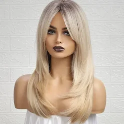 Ombre Blonde Wigs with BangsShoulder Length Ash Blonde Wig for Women Layered Wigs Dark Roots Synthetic Wigs for Daily Party 24IN Halloween Wigs