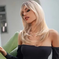 Ombre Blonde Wigs with BangsShoulder Length Ash Blonde Wig for Women Layered Wigs Dark Roots Synthetic Wigs for Daily Party 24IN Halloween Wigs