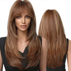 Ombre Blonde Wigs with BangsShoulder Length Ash Blonde Wig for Women Layered Wigs Dark Roots Synthetic Wigs for Daily Party 24IN Halloween Wigs