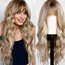 Ombre Dirty Blonde Wigs with BangsAsh Blonde Long Wavy Wig for WomenLong Curly Synthetic Hair Wig for Party Daily Use 24IN