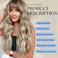 Ombre Dirty Blonde Wigs with BangsAsh Blonde Long Wavy Wig for WomenLong Curly Synthetic Hair Wig for Party Daily Use 24IN