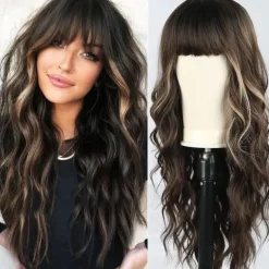 Ombre Dirty Blonde Wigs with BangsAsh Blonde Long Wavy Wig for WomenLong Curly Synthetic Hair Wig for Party Daily Use 24IN