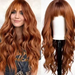 Ombre Dirty Blonde Wigs with BangsAsh Blonde Long Wavy Wig for WomenLong Curly Synthetic Hair Wig for Party Daily Use 24IN